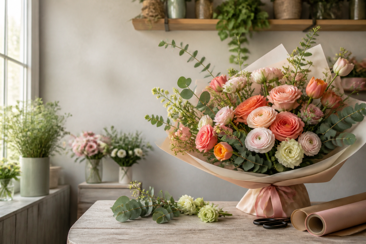 Ramo premium de flores frescas en una mesa de floristería