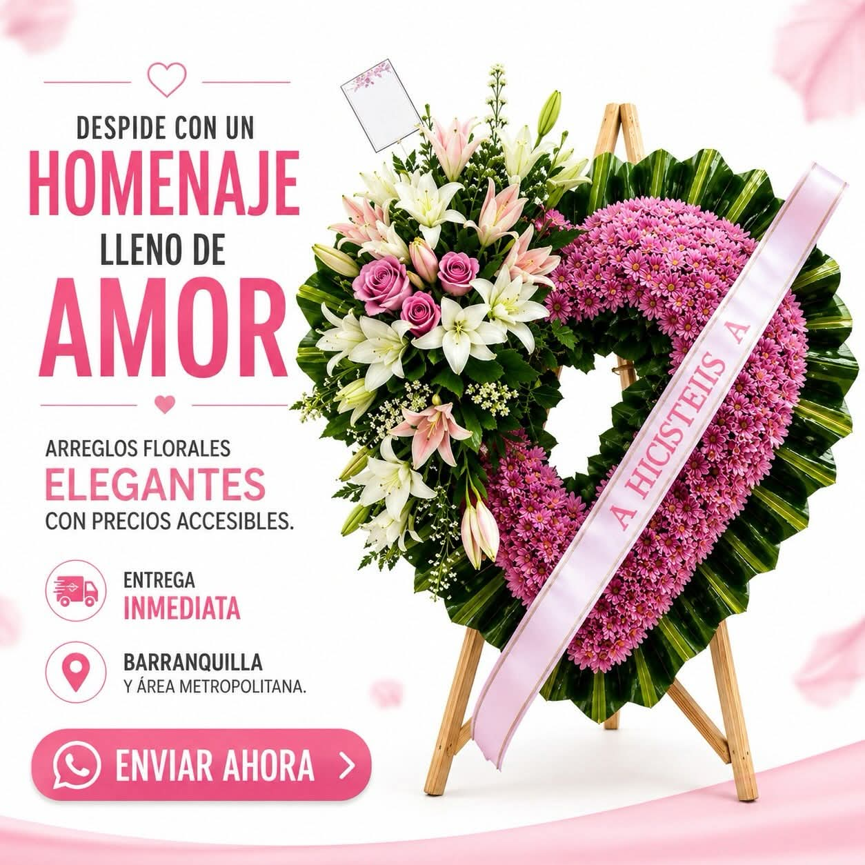 Arreglo fúnebre en forma de corazón con flores rosadas