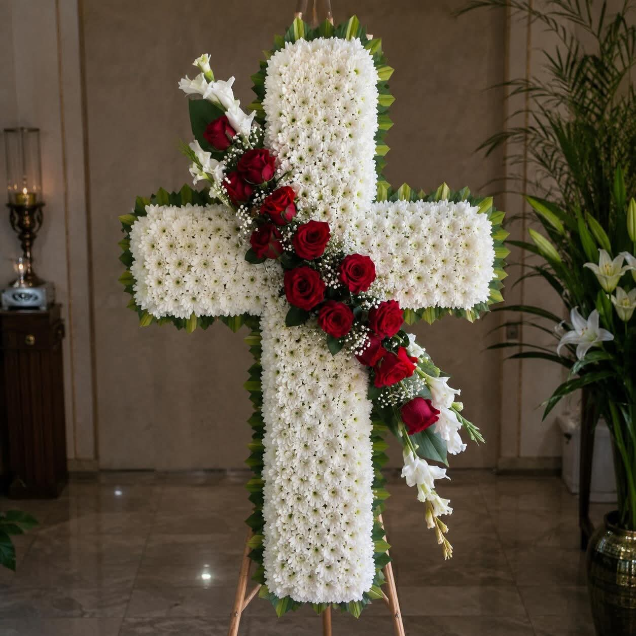 Cruz fúnebre blanca con rosas rojas