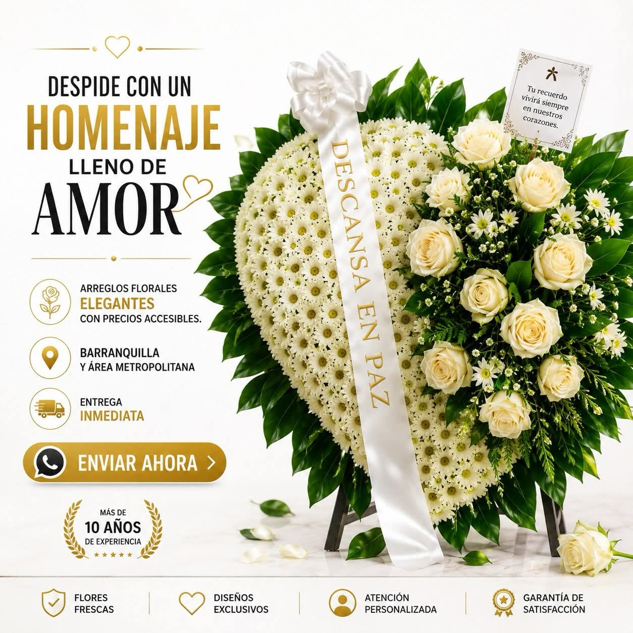 Arreglo fúnebre blanco con rosas crema y mensaje de descanso